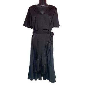Hanna Nikole Plus Size 16W Flutter Sleeve‎ Black Ruffle Layered Belted Dress NWT
